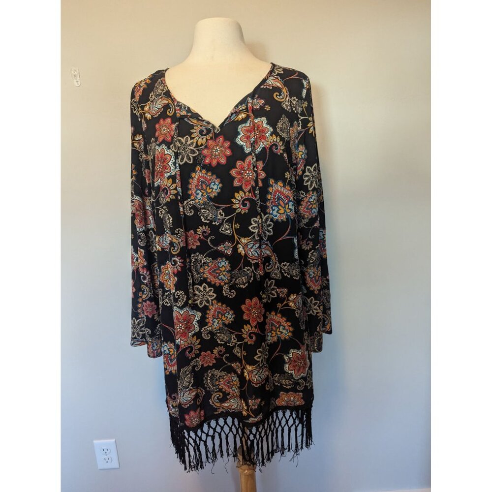 Hippie Floral Print Tunic Dress With Fringe Hem BeBop XL Black Multicolor